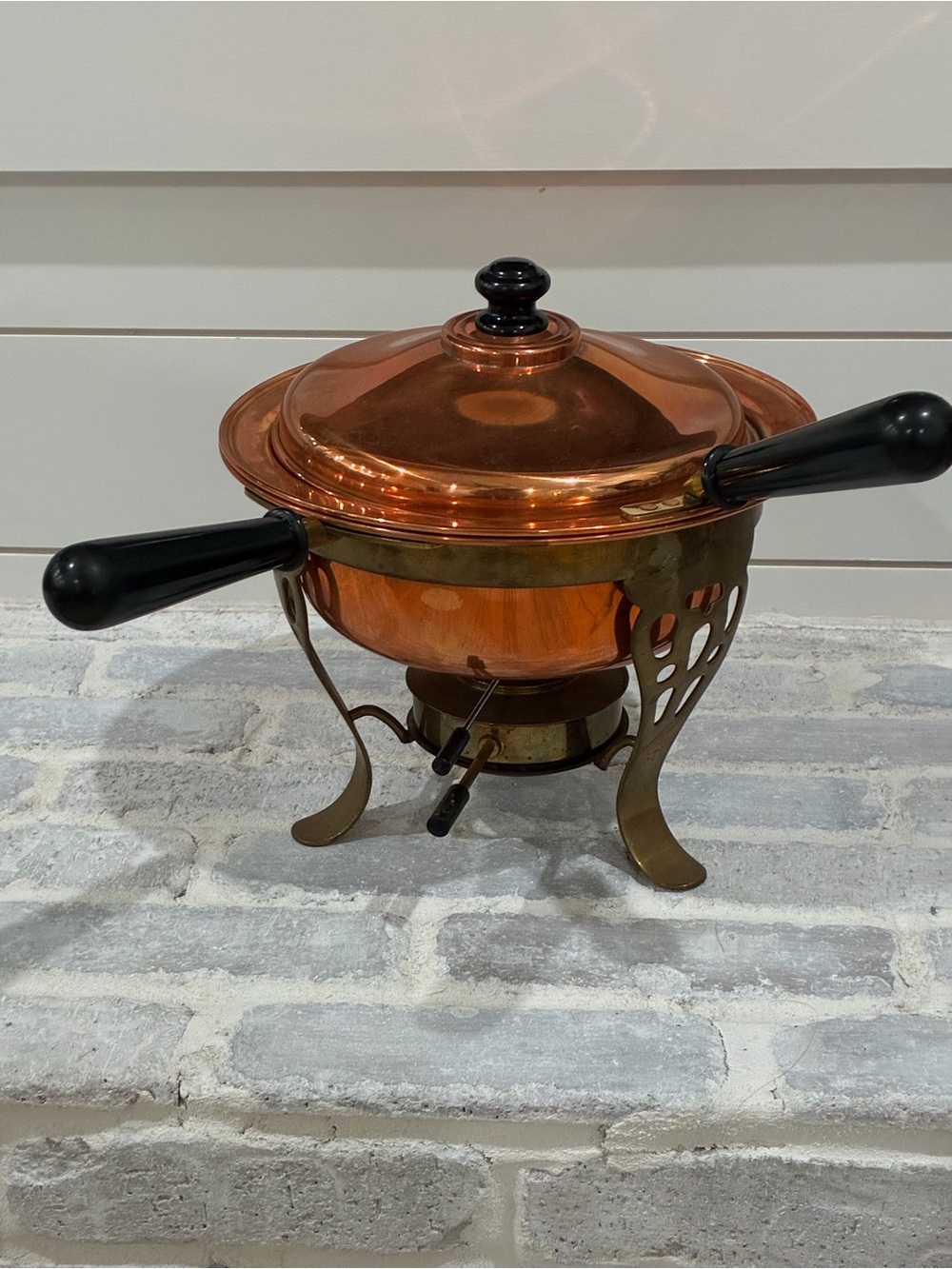 Copper Fondue Pot with Brass Stand and Black Handles #vintage